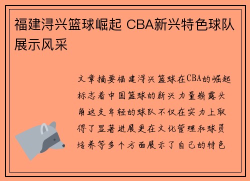 福建浔兴篮球崛起 CBA新兴特色球队展示风采